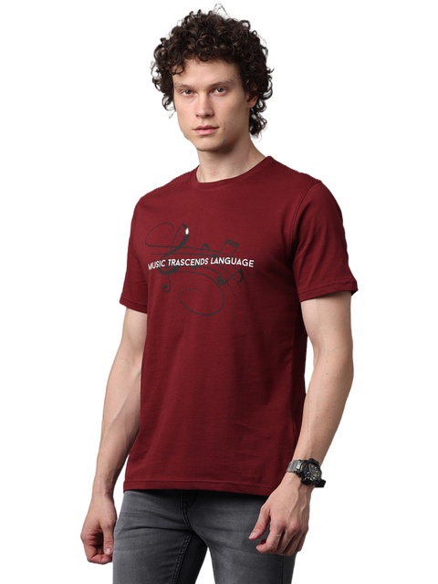 Men's Maroon Printed Round Neck T-Shirt