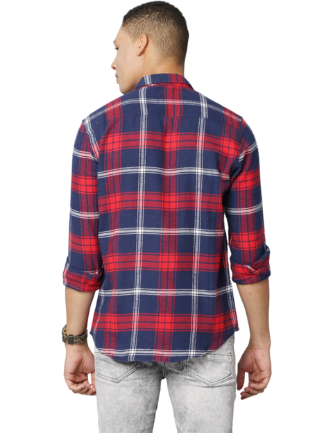 Men's Red and Navy Long Sleeve Checkered Casual Shirt