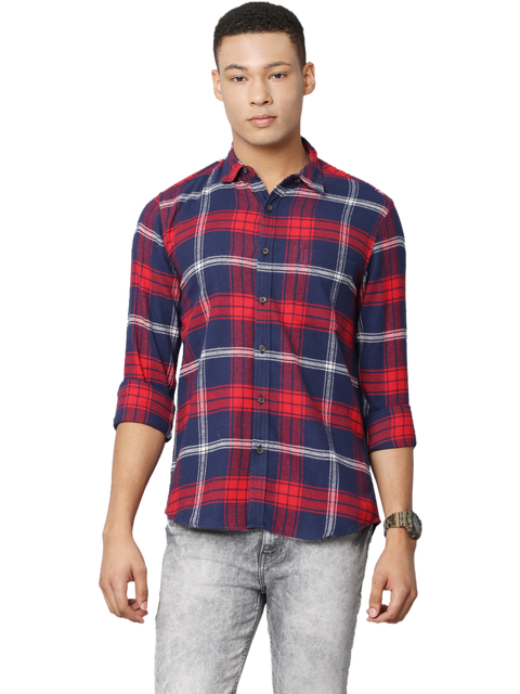 Men's Red and Navy Long Sleeve Checkered Casual Shirt