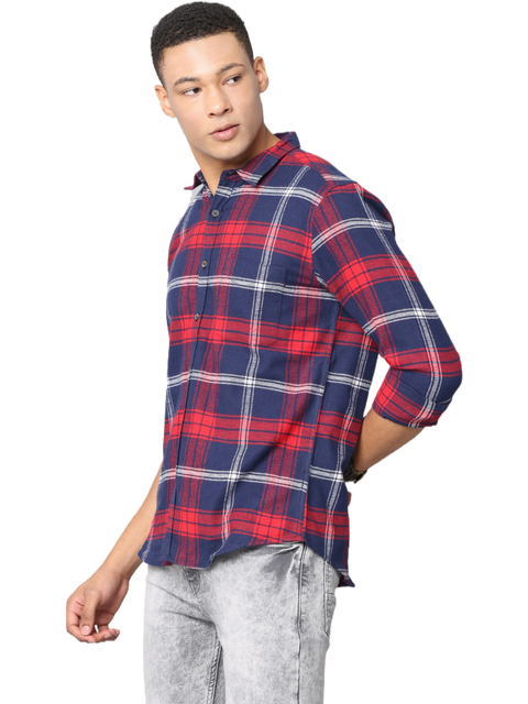 Men's Red and Navy Long Sleeve Checkered Casual Shirt