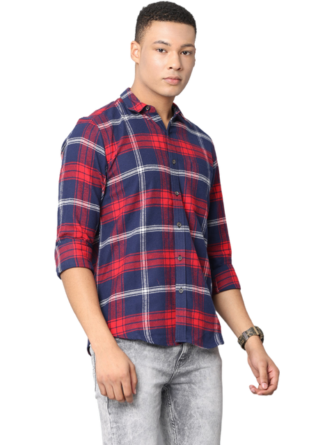 Men's Red and Navy Long Sleeve Checkered Casual Shirt