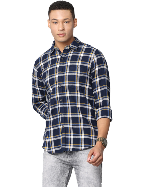 Men's Slim Fit Casual Full Sleeve Checkered Shirt, Navy Blue