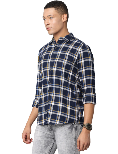 Men's Slim Fit Casual Full Sleeve Checkered Shirt, Navy Blue