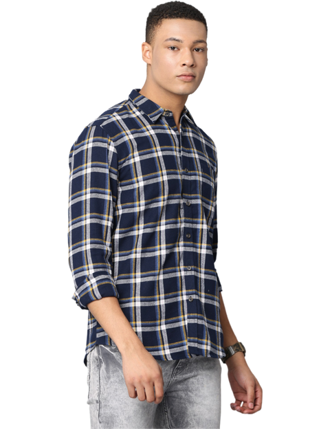 Men's Slim Fit Casual Full Sleeve Checkered Shirt, Navy Blue