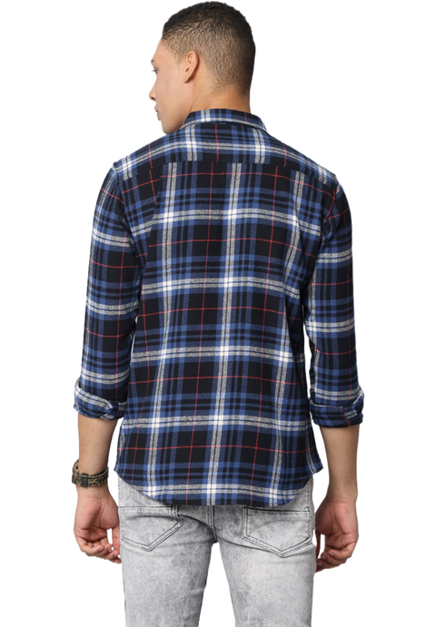 Men's Navy Blue Slim Fit Casual Full Sleeve Checkered Shirt