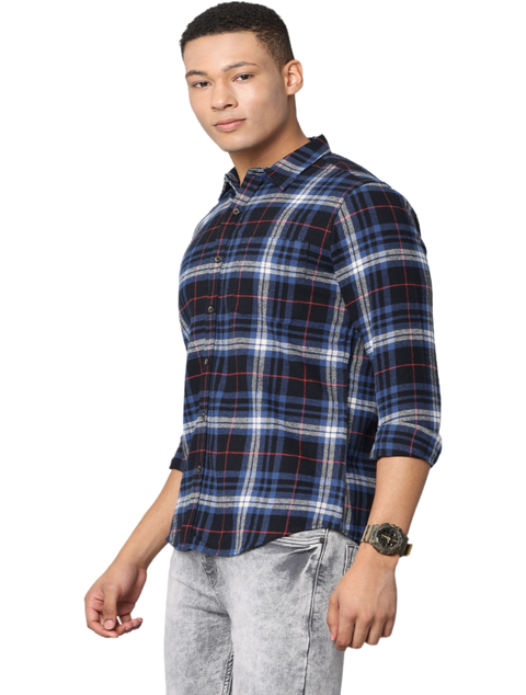 Men's Navy Blue Slim Fit Casual Full Sleeve Checkered Shirt