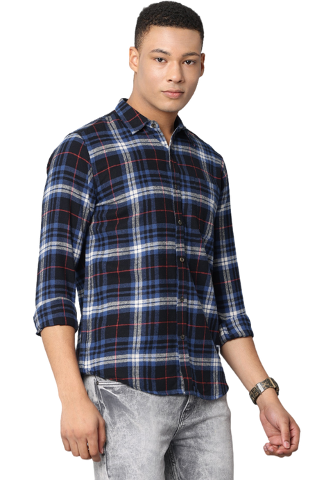 Men's Navy Blue Slim Fit Casual Full Sleeve Checkered Shirt