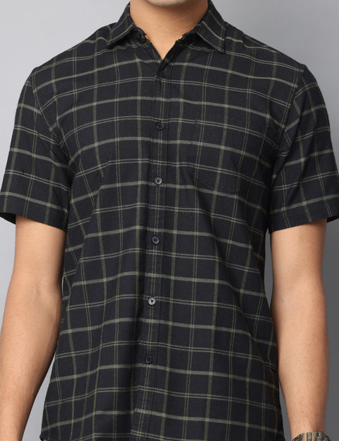 Men's Dark Green Checkered Short Sleeves Casual Shirt