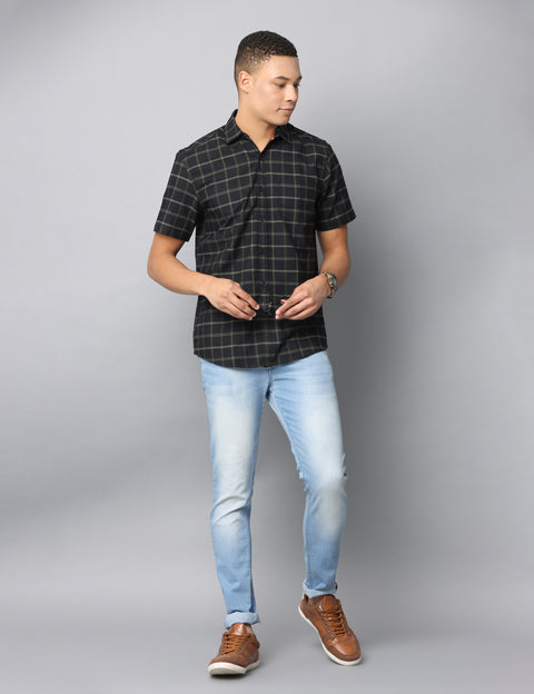 Men's Dark Green Checkered Short Sleeves Casual Shirt