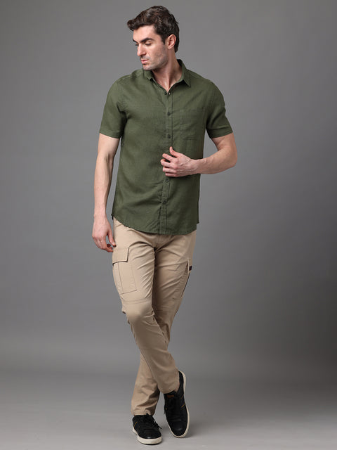 Men's Khaki Cotton Spandex Slim Fit Cargo Trouser