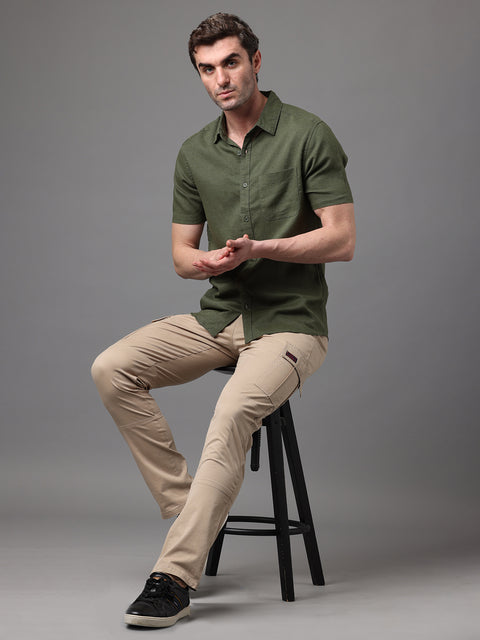 Men's Khaki Cotton Spandex Slim Fit Cargo Trouser