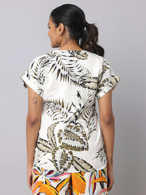 Women's Off White & Grey Tropical Print Linen Top