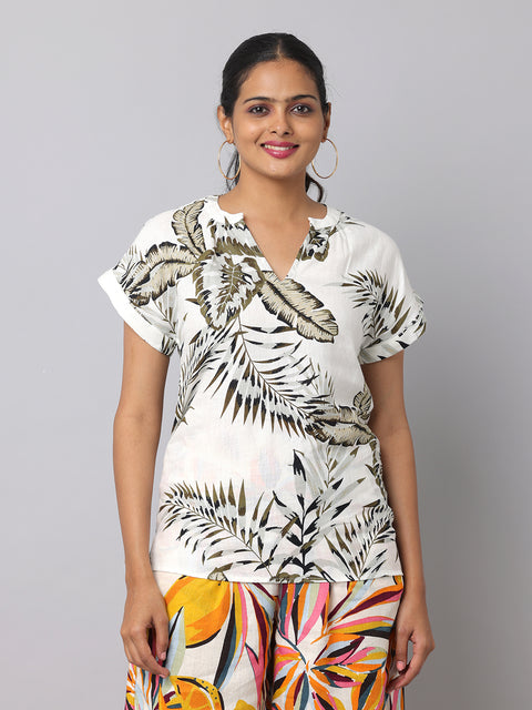 Women's Off White & Grey Tropical Print Linen Top