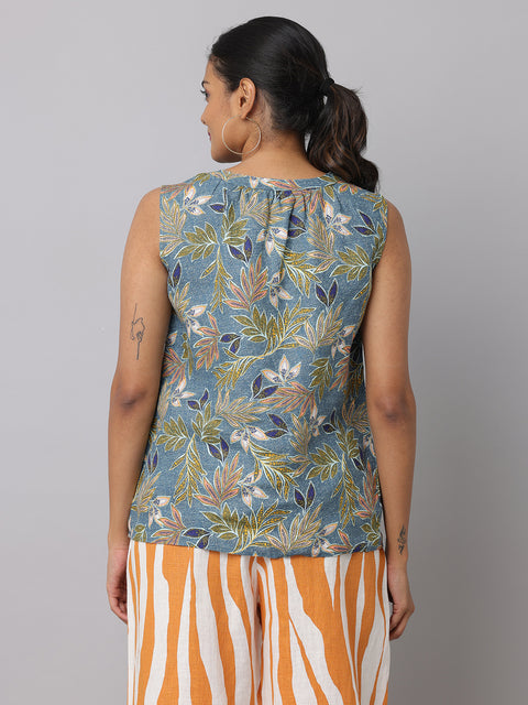 Women's Tropical Print Sleeveless Linen Top