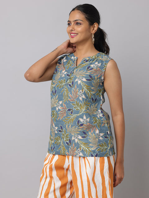 Women's Tropical Print Sleeveless Linen Top