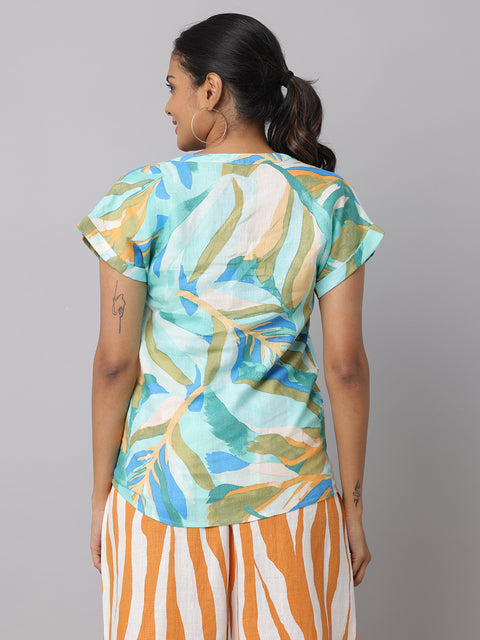 Women's Green Tropical Print Linen Top