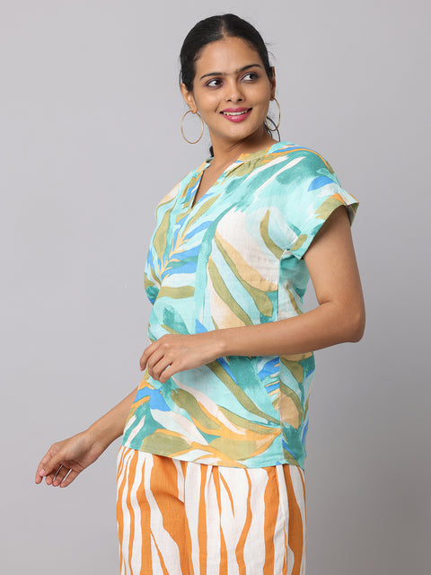 Women's Green Tropical Print Linen Top