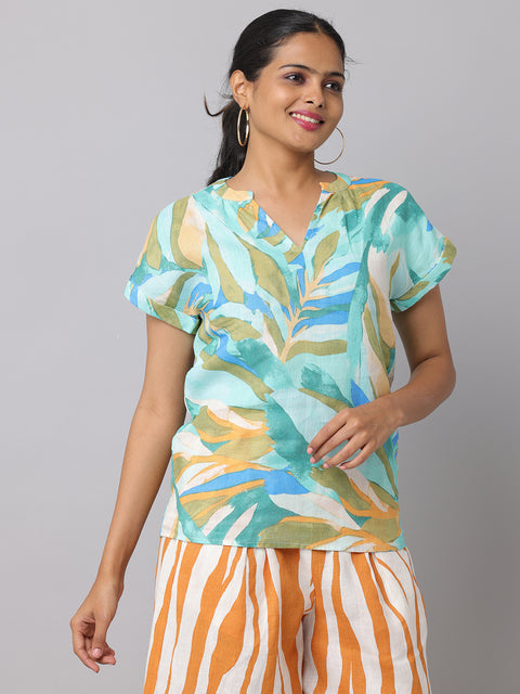 Women's Green Tropical Print Linen Top