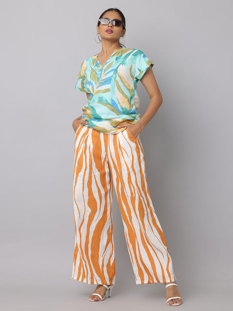 Women's Orange & White Printed Linen Palazzo