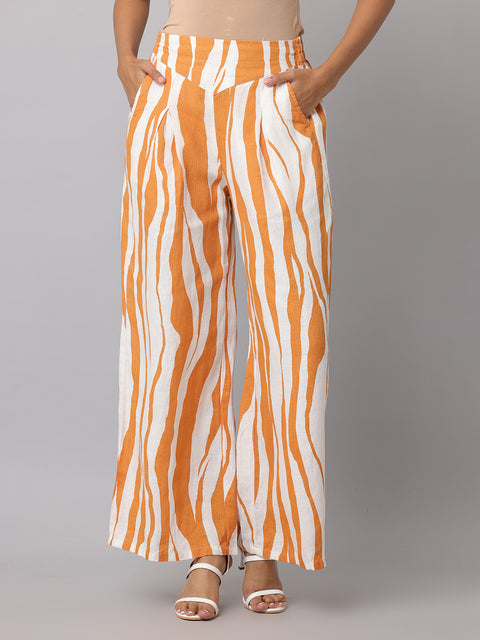 Women's Orange & White Printed Linen Palazzo