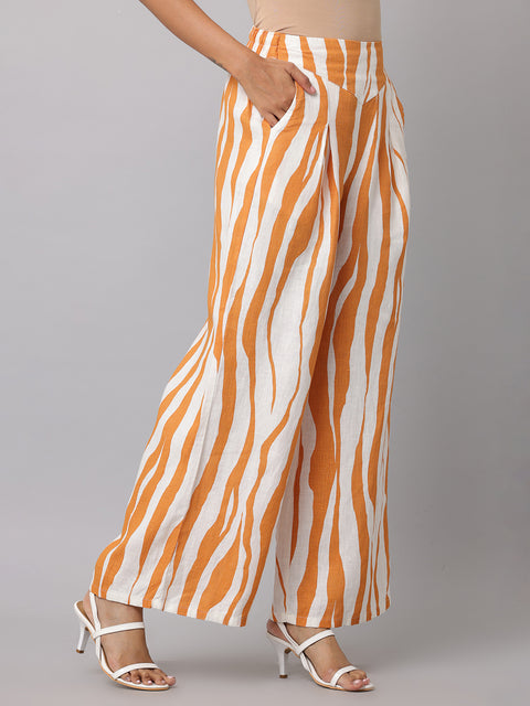 Women's Orange & White Printed Linen Palazzo