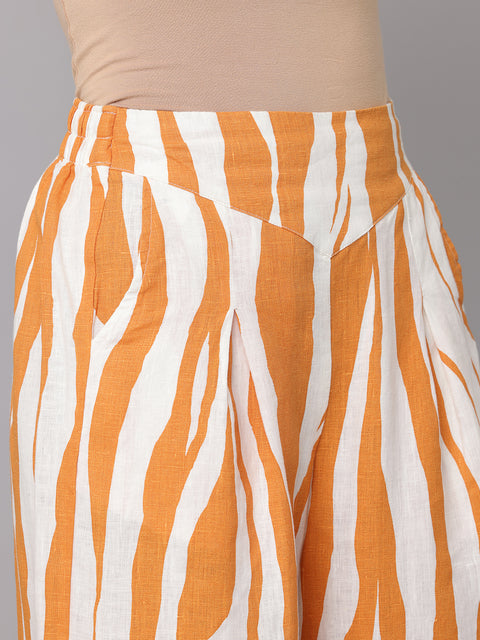 Women's Orange & White Printed Linen Palazzo