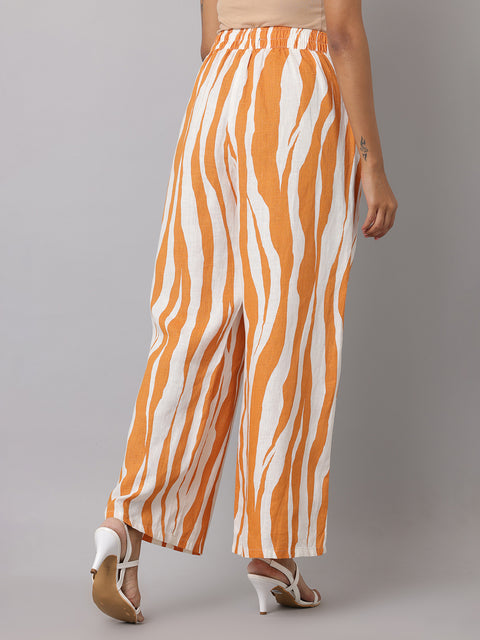 Women's Orange & White Printed Linen Palazzo