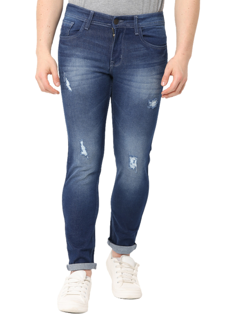 Men's Dark Blue Stone Wash Distressed Denim Jeans