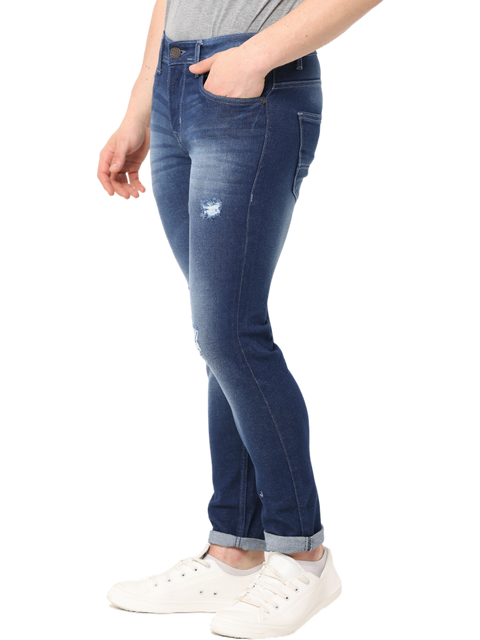 Men's Dark Blue Stone Wash Distressed Denim Jeans