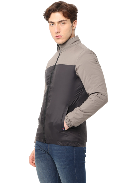 Men's Slim Fit Cut & Sew Full Sleeve Poly Fill Jacket, Black Grey