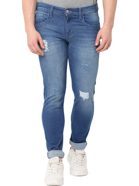 Men's Mid Blue Stone Wash Distressed Denim Jeans