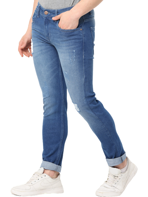 Men's Mid Blue Stone Wash Distressed Denim Jeans