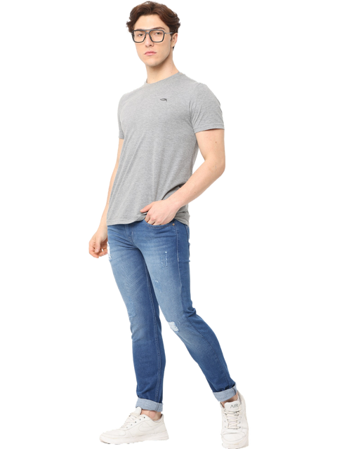 Men's Mid Blue Stone Wash Distressed Denim Jeans