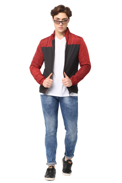 Men's Slim fit Cut & Sew Full Sleeve Poly Fill Jacket, Black Red