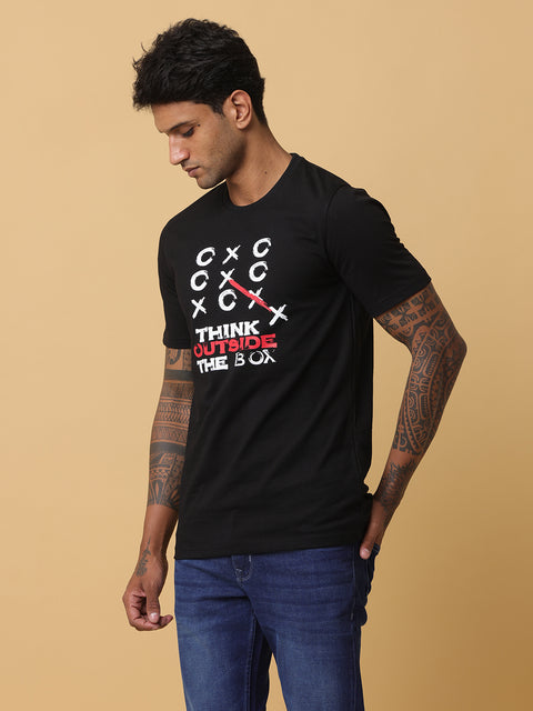 Men's Black Printed Round Neck T-Shirt