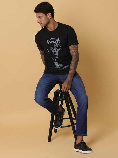 Men's Black Printed Round Neck T-Shirt