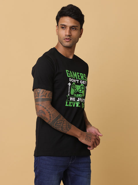 Men's Black Printed Round Neck T-Shirt