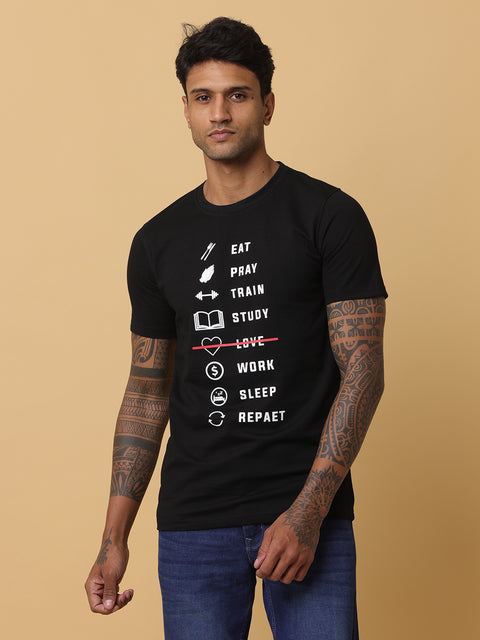 Men's Black Printed Round Neck T-Shirt