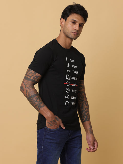 Men's Black Printed Round Neck T-Shirt