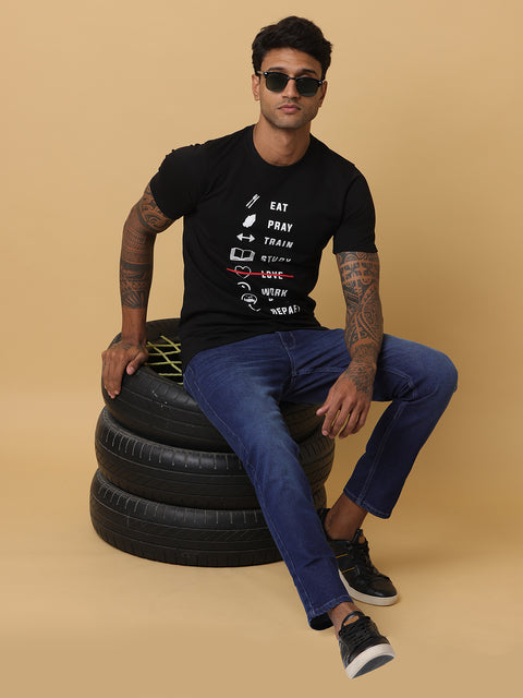 Men's Black Printed Round Neck T-Shirt