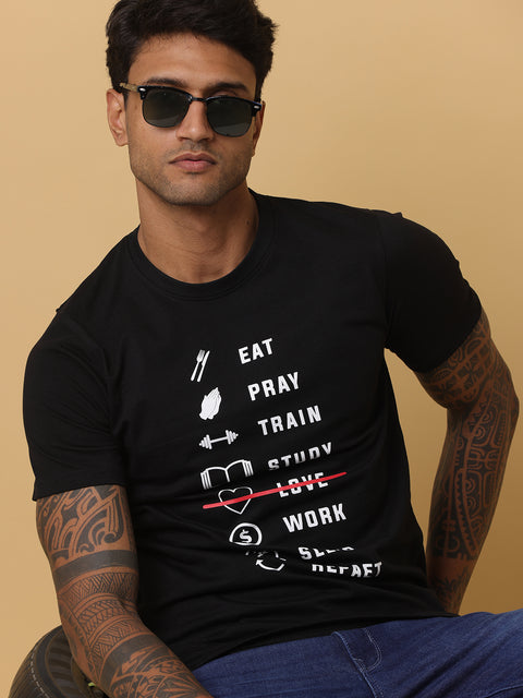 Men's Black Printed Round Neck T-Shirt