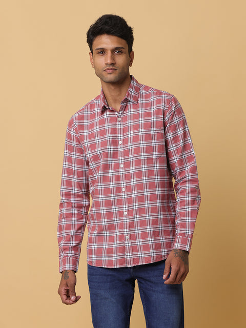 Men's Coral Slim Fit Checkered Casual Shirt