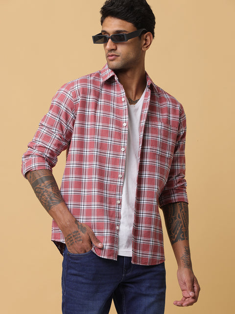 Men's Coral Slim Fit Checkered Casual Shirt