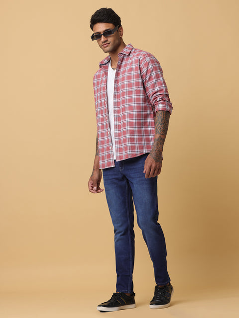 Men's Coral Slim Fit Checkered Casual Shirt