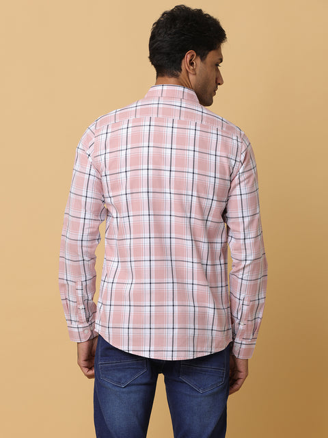 Men's Peach Slim Fit Checkered Casual Shirt