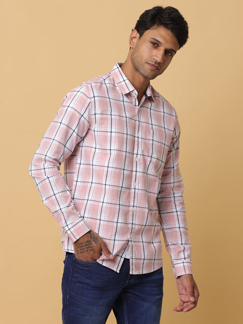 Men's Peach Slim Fit Checkered Casual Shirt