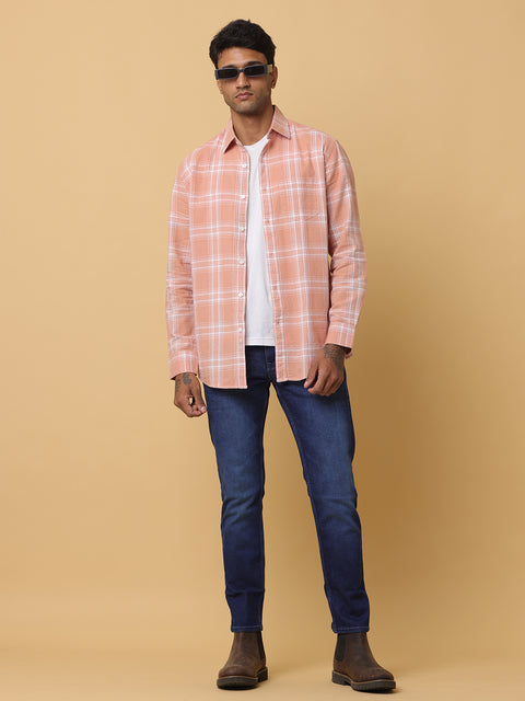 Men's Orange Slim Fit Checkered Casual Shirt