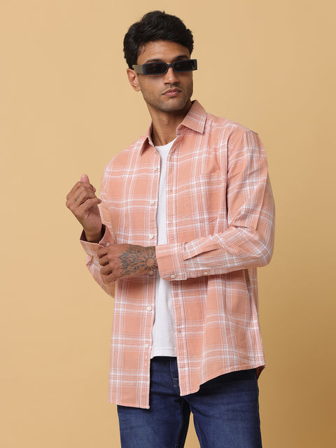 Men's Orange Slim Fit Checkered Casual Shirt