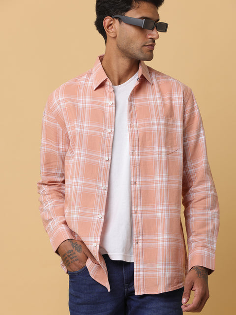 Men's Orange Slim Fit Checkered Casual Shirt