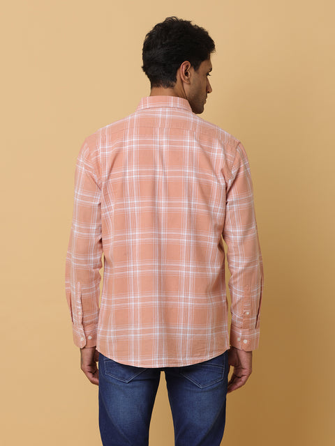 Men's Orange Slim Fit Checkered Casual Shirt